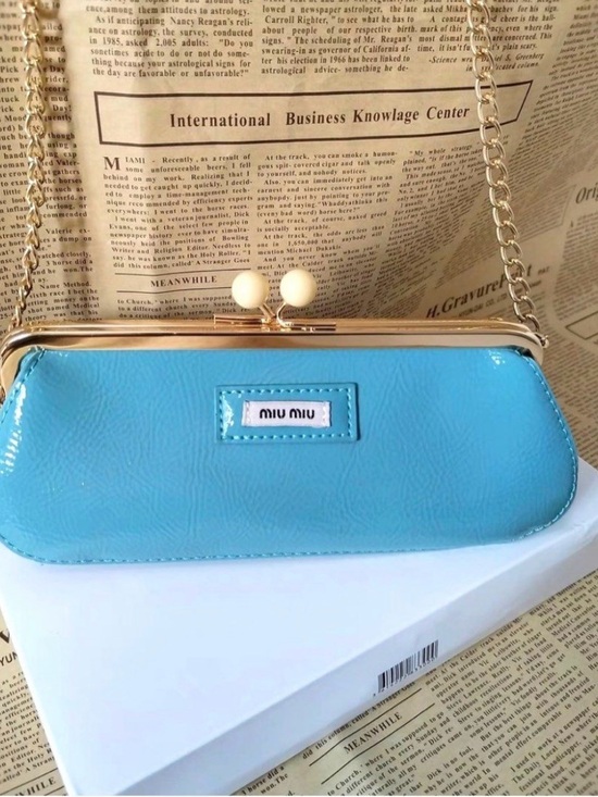 Miu Miu Handbags - Christmas Gift? Miu Miu Blue Patent Leather Chain Clutch + Box, New